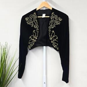 Vintage Black Velvet Cropped Jacket with Golden Embroidery size 6